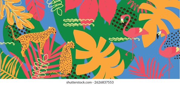 Tropical jungle pattern with cheetahs and flamingos in bold flat style