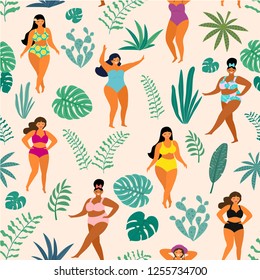 Tropical Jungle Pattern With Girls In Summer Swimsuits. Body Positive. Vector Seamless Textute.