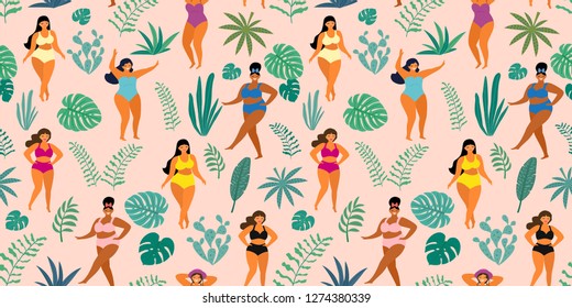 Tropical Jungle Pattern With Girls In Summer Swimsuits. Body Positive. Vector Seamless Texture.