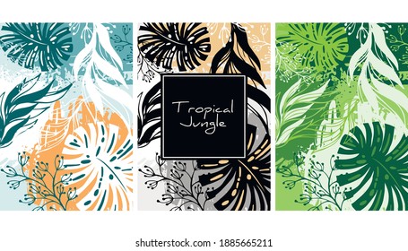 Tropical jungle pattern, handdrawn watercolor vector illustration. Leaves print. Summer design. Creative background. Design for notebook, banner, cover, wallpaper, fabric. Summer sale or text area 