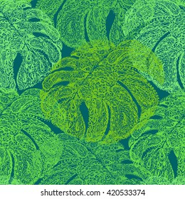 Tropical jungle pattern with monstera leaves illustration in paisley style. Vector wallpaper seamless textile pattern in retro vintage style. Green color.