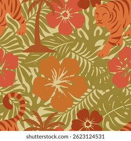 Tropical jungle pattern with tigers, hibiscus flowers, palm trees, and lush green leaves in warm earthy tones. Seamless botanical background for summer, travel, and exotic nature themes.