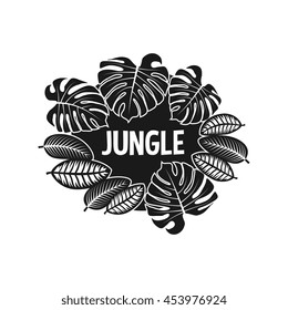 tropical jungle plant leaf, green color vector graphic art shape, retro vintage style badge design logo, illustration isolated on white background.
