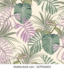 Tropical jungle plants, exotic green pink leaves on yellow background. Beach seamless pattern.