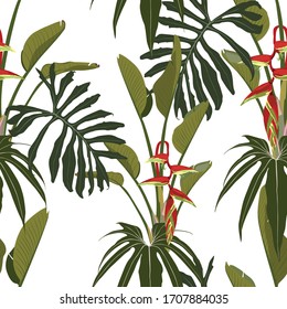 Tropical jungle plants, exotic green  leaves and  paradise red flowers on white background. Beach seamless pattern.