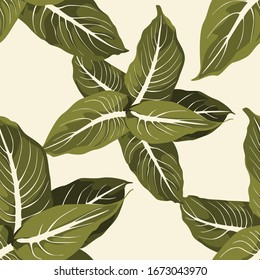 Tropical jungle plants, exotic leaves on yellow background. Beach seamless pattern.