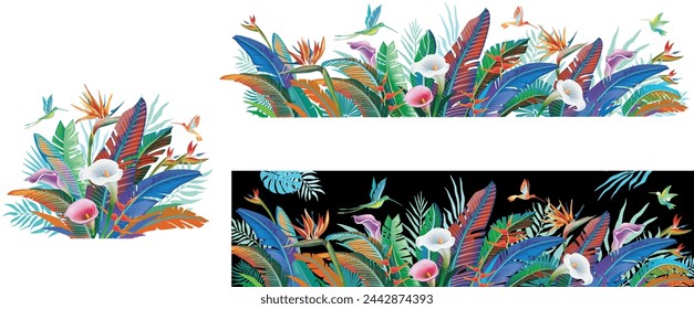 Tropical jungle plants, flower and hummingbirds 