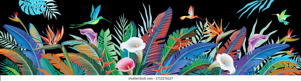 Tropical jungle plants, flowers and hummingbirds, horizontal banner