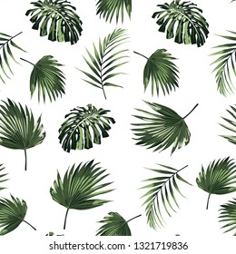 Tropical jungle plants, palm monstera leaves on white background. Beach seamless pattern.