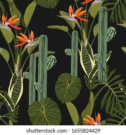 Tropical jungle plants, Sansevieria, cacti, exotic leaves and strelitzia flowers on black background. Beach seamless pattern.