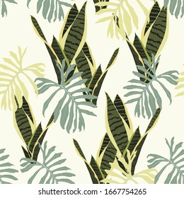 Tropical jungle plants, Sansevieria and exotic leaves on yellow background. Beach seamless pattern.