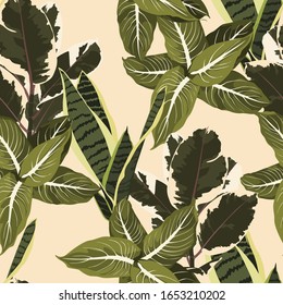 Tropical jungle plants, Sansevieria, ficus and exotic leaves on vintage yellow background. Beach seamless pattern.