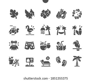 Tropical jungle plants. Summer rest and holiday. Monstera, palm and banana leaves. Vector Solid Icons. Simple Pictogram