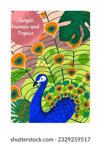 Tropical jungle poster. Abstract background with exotic bird and plants, flora and fauna. Colorful banner or cover with beautiful peacock and green monstera. Cartoon flat vector illustration