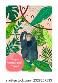 Afiche de la jungla tropical. Banner exótico colorido con mono y camaleón, liana y monstera. Cubierta abstracta o fondo con animales africanos y follaje verde. Dibujo vectorial plano de dibujos animados