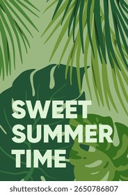 Tropical jungle poster design. Exotic palm leaves, green foliage, rainforest background. Summer paradise plants, greenery, vacation card with nature and typography. Flat vector illustration