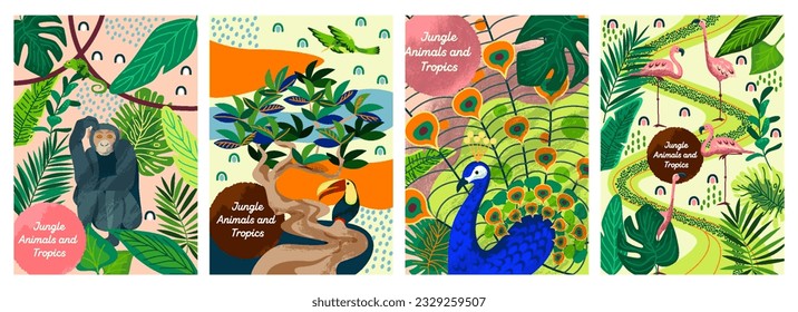 Tropical jungle poster set. Banners with flamingo and peacock, hummingbird and toucan, monkey and chameleon. Cover with foliage and plants, exotic birds and animal. Cartoon flat vector illustrations