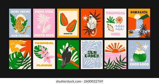 Tropical jungle posters with exotic animals and plants in cartoon style.  Wall decor, trendy banners of wildlife, tropical foliage, cocktails, animals. Decor of wallpaper, walls, print and postcard
