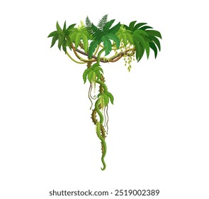 Tropical jungle rain forest vertical liana vine branch and leaves. Cartoon vector hanging tree leaves, exotic plant thicket, rainforest climbing roots. Amazon or african nature, green foliage spinney