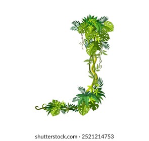 Tropical jungle rain forest vertical liana vine branch and leaves. Isolated vector lush green dense rainforest environment with climbing plants. Object of tropical flora, nature and exotic wilderness