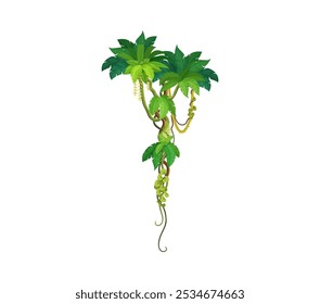 Tropical jungle rain forest vertical liana vine branch and leaves. Cartoon vector Amazon or African natural thicket, green foliage spinney, hanging tree leaves, exotic rainforest plant, climbing roots