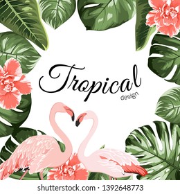 Tropical jungle rainforest bright green palm tree monstera philodendron leaves, camelia flowers and exotic flamingo birds border frame on white background. Wedding event invitation card template.