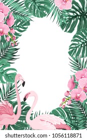 Tropical jungle rainforest green palm tree monstera leaves, orchid phalaenopsis flowers exotic pink flamingo birds. Border frame decoration template for invitation greeting card banner poster.