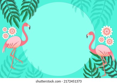 Tropical jungle rainforest and green palm leaves, Flamingo birds and pink flowers in summer season, Border frame, Decoration template for invitation greeting card, Banner poster for sale and product.