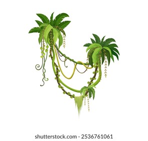 Tropical jungle rainforest vertical liana vine branch with leaves, vector ivy plant. Cartoon tropical liana of creeping jungle tree or bindweed plant with tendrils and monstera leaves from rainforest