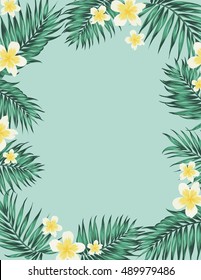 Tropical jungle rectangular border frame. Palm trees and plumeria flowers. Card template. Light blue background.