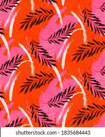 Tropical jungle red palm leaves isolated seamless background, Swiss Cheese Plant trendy summer cloth print, fabrics, wrapping paper in vector 