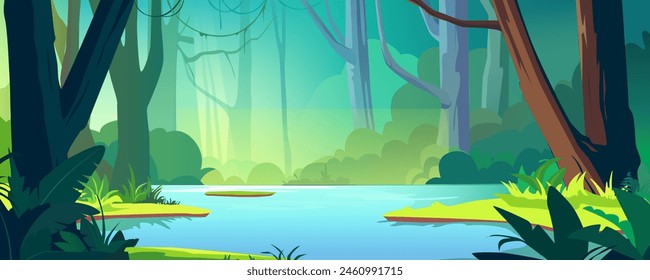 Tropical jungle with river background banner in cartoon design. Wildlife overgrown rainforest with lianas on green trees, lush bushes, ferns and grass, blue water pond. Vector cartoon illustration