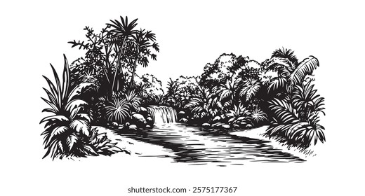 tropical jungle river with waterfall and lush vegetation in black and white