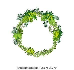 Marco redondo de selva tropical con rama de liana de bosque y hojas. Borde redondo de Vector de dibujos animados con enredaderas entrelazadas. Plantilla de marco de fotos vacío o elemento gui de menú de juego con plantas de follaje de la selva tropical