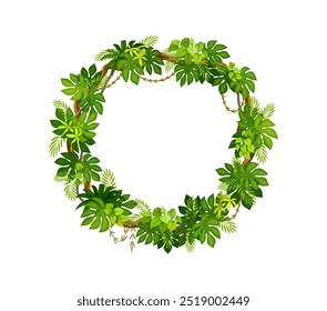 Tropical jungle round frame with forest liana branch and leaves. Cartoon vector circular border made from lush greenery, creeper plants and hanging roots, ferns and palm tree leaves, foliage thickets