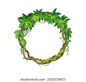 Tropical jungle round frame with forest liana branch and leaves. Cartoon vector circular border made of lush rainforest vines and twisted roots, exudes a sense of exotic nature and wild vegetation