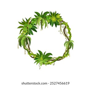 Tropical jungle round frame with forest liana branch and leaves, vines and rainforest spinney. Cartoon vector decorative border template evokes a sense of lush nature, exotic vegetation and wilderness