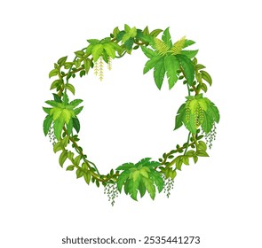 Tropical jungle round frame with forest liana branch and leaves. Isolated cartoon vector circular herbal border template with vines and green leaves. Empty photo frame with rainforest plants foliage