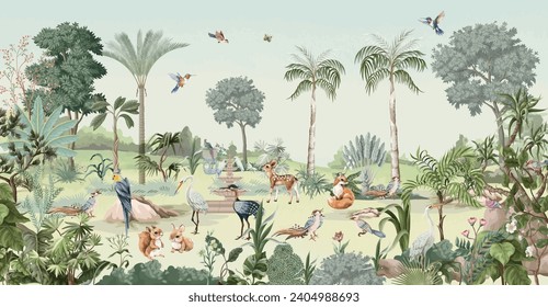 Tropical jungle safari animal forest illustration for wallpaper print