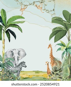 Tropical Jungle Safari Animals Backdrop Banner, Kids Birthday Back wall,Animals.