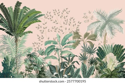 Tropical jungle safari forest illustration for wallpaper print, Tropical Mural, Mughal Mural Illustration.