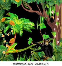 Tropical jungle scene, blacl chimpanzee sits on tree, exotic amimals and plants