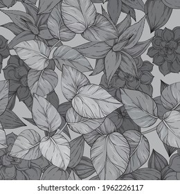 Tropical jungle seamless monochrome pattern on foliage background,