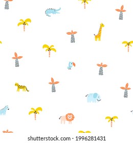 Tropical jungle seamless pattern. Animals and palms. Simple hand-drawn Scandinavian doodle style. Nursery pastel palette is ideal for printing baby clothes textiles fabrics. Vector cartoon background