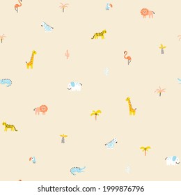 Patrón de la jungla tropical sin soldadura. Animales y palmeras. Simple estilo de doodle escandinavo dibujado a mano. La paleta pastel de guardería es ideal para imprimir tejidos textiles para bebés. Fondo de la caricatura vectorial