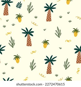 Tropical jungle seamless pattern. Jungle background with palm, plants and pineapples. 
Nursery pastel palette for printing baby clothes, textiles fabrics. Vector cartoon illustration. 
