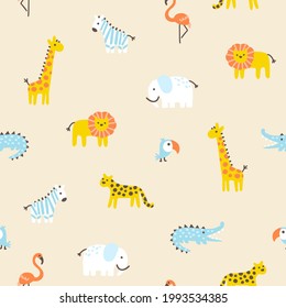 Tropical jungle seamless pattern. Cute wild animals in a simple hand-drawn Scandinavian doodle style. Nursery pastel palette is ideal for printing baby clothes, fabrics. Vector cartoon background