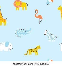 Tropical jungle seamless pattern. Cute wild animals in a simple hand-drawn Scandinavian doodle style. Nursery pastel palette is ideal for printing baby clothes, fabrics. Vector cartoon background