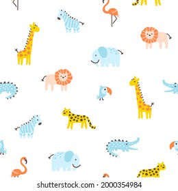 Tropical jungle seamless pattern. Cute wild animals in a simple hand-drawn Scandinavian doodle style. Nursery pastel palette is ideal for printing baby clothes, fabrics. Vector cartoon background