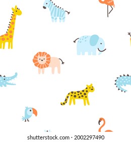 Tropical jungle seamless pattern. Cute wild animals in a simple hand-drawn Scandinavian doodle style. Nursery pastel palette is ideal for printing baby clothes, fabrics. Vector cartoon background